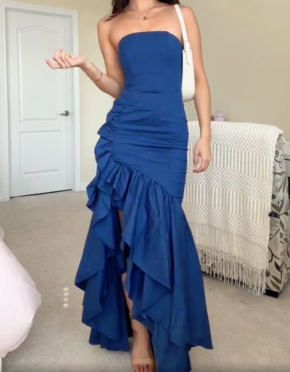 Blue Strapless Ruffles Mermaid Prom Dress Elegant Evening Dress SH1127