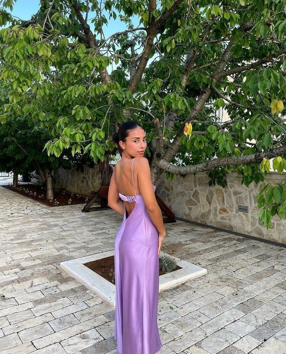 Straps Backless Party Dress Long Purple Prom Dress SH1242
