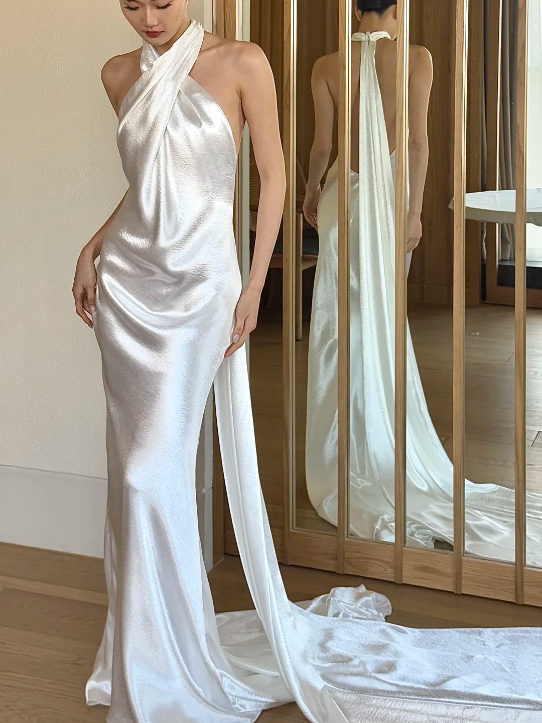 Charming Mermaid Halter White Satin Open Back Long Wedding Dress SH4756