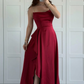 Elegant Burgundy A Line Spaghetti Strap Satin Slit Long Prom Dress Evening Dress SH7307