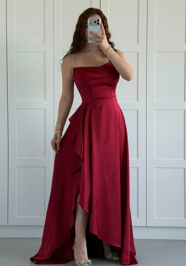 Elegant Burgundy A Line Spaghetti Strap Satin Slit Long Prom Dress Evening Dress SH7307