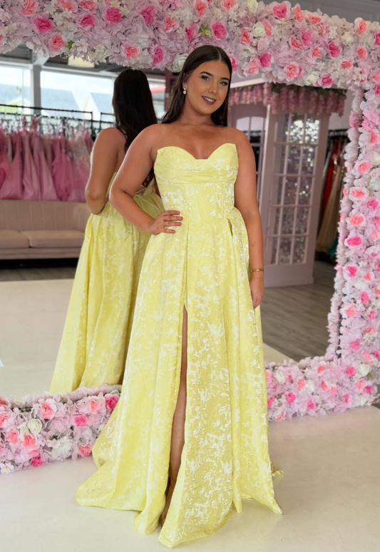 Yellow Print Floral A Line Strapless Satin Slit Long Prom Dress Evening Dress SH6665
