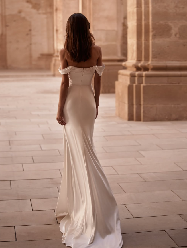 Classy Mermaid Off the Shoulder Pleated White Satin Backless Wedding Dress SH7353