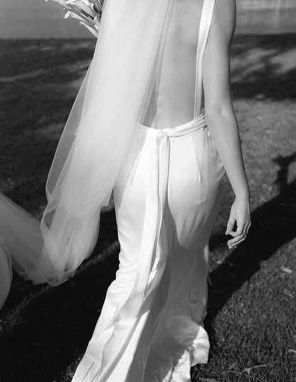 Backless Simple A Line White Satin Long Sweep Wedding Dress SH5216