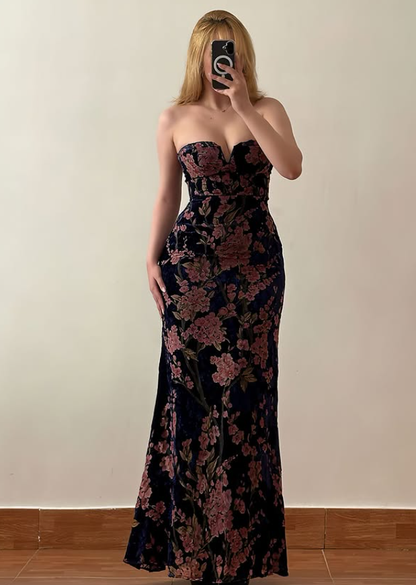 Vintage Sheath Sweetheart Neck Classic Printed Floral Velvet Prom Dress Evening Dress SH6832