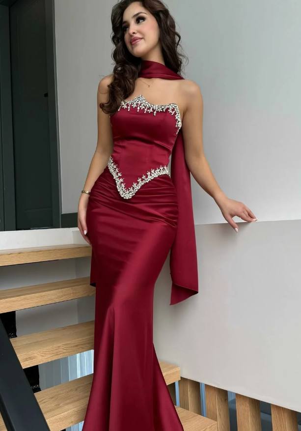 Red Sheath Strapless Exquisite Beaded Satin Prom Dress Evening Dress SH5415
