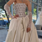 Retro Dazzling Exquisite Rhinestone A Line Strapless Apricot Satin Long Train Wedding Dress SH6092