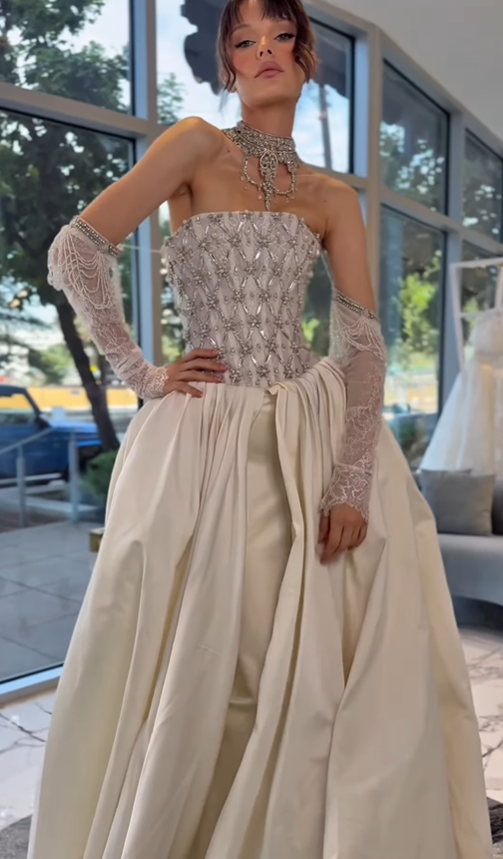Retro Dazzling Exquisite Rhinestone A Line Strapless Apricot Satin Long Train Wedding Dress SH6092