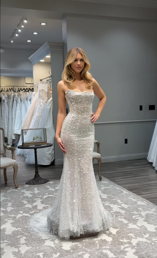 Luxurious Mermaid Strapless Shiny Beaded Sequin Tulle Long Prom Dress Wedding Dress SH8396