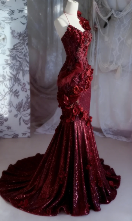Shiny Burgundy Mermaid Halter Appliques Ruffle Sequin Long Prom Dress SH5426
