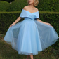 Charming Blue A Line Off the Shoulder Satin Homecoming Dress Party Birthday Dress SH3679