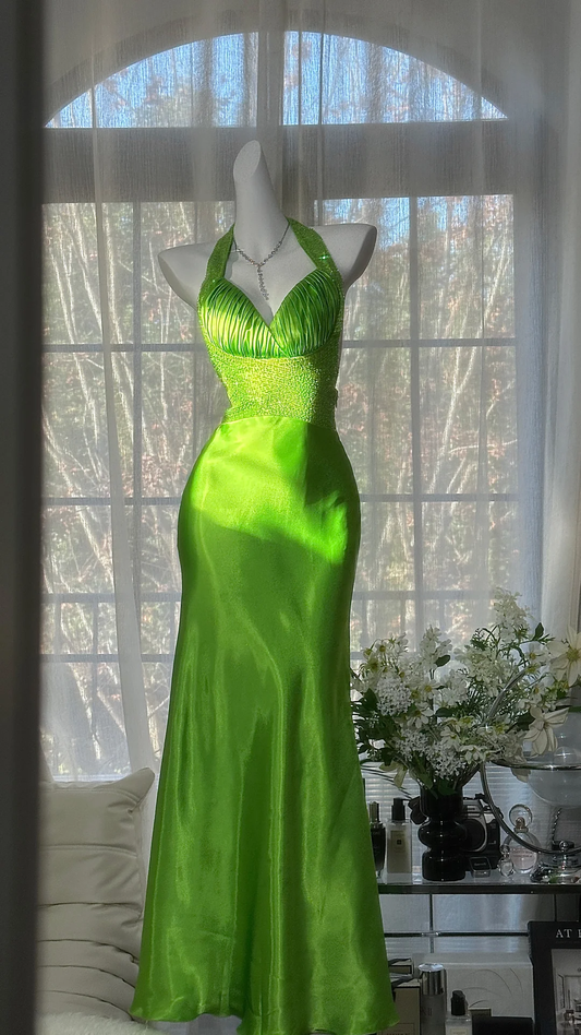 Simple Vintage Mermaid Halter Beaded Green Satin Open Back Long Prom Dress SH5124