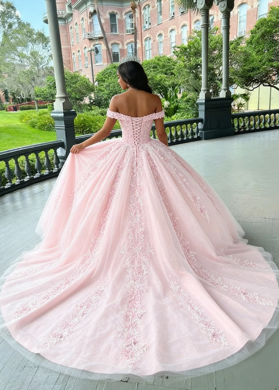 Pink Tulle Applique Long Prom Dress Quinceanera Dress Ball Gown SH970