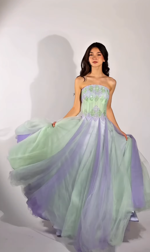 Fantastic A Line Strapless Exquisite Beaded Green Purple Tulle Prom Dress Evening Dress SH6752