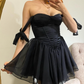 Cute A Line Off the Shoulder Black Satin Chiffon Short Homecoming Dress Evening Dress SH2158