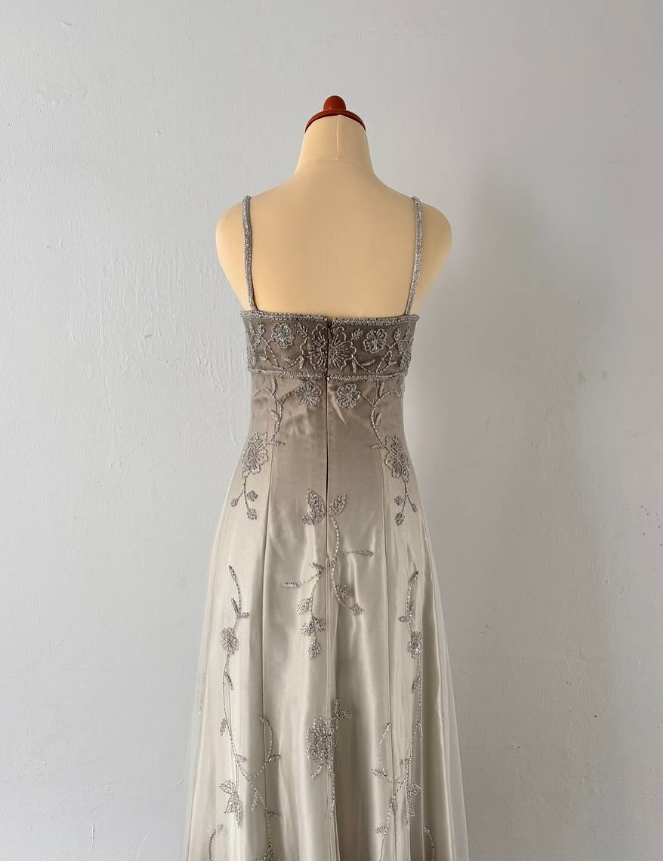 Vintage A Line Spaghetti Strap Beaded Tulle Grey Ombre Satin Prom Dress Graduation Prom Dress SH2659