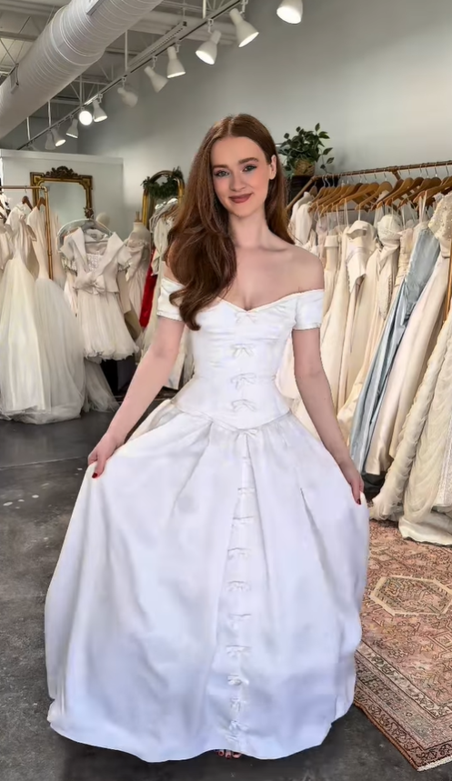 Retro Gentle A Line Off the Shoulder Bow Satin Long Wedding Dress SH6093