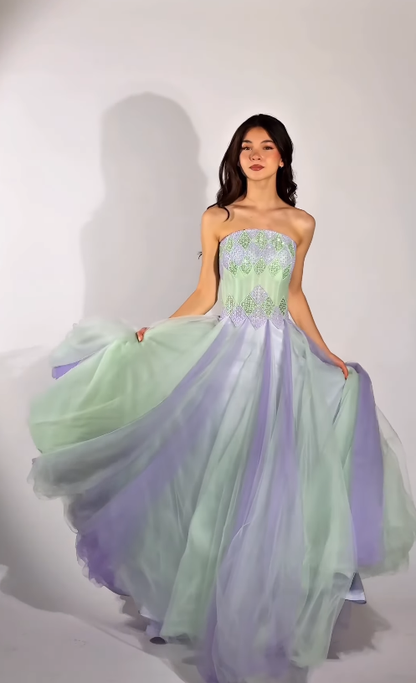 Fantastic A Line Strapless Exquisite Beaded Green Purple Tulle Prom Dress Evening Dress SH6752