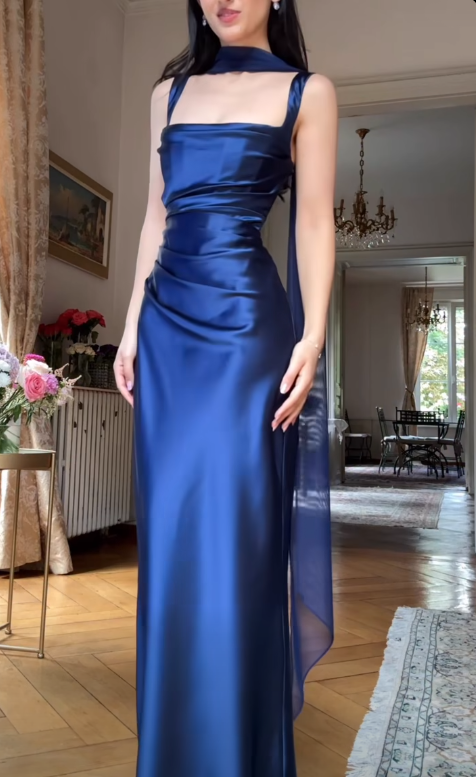 Elegant Sheath Strap Royal Blue Satin Long Prom Dress Wedding Guest Dress SH5353