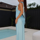 Blue Sheath V Neck Satin Backless Prom Dress Evening Dress SH6274