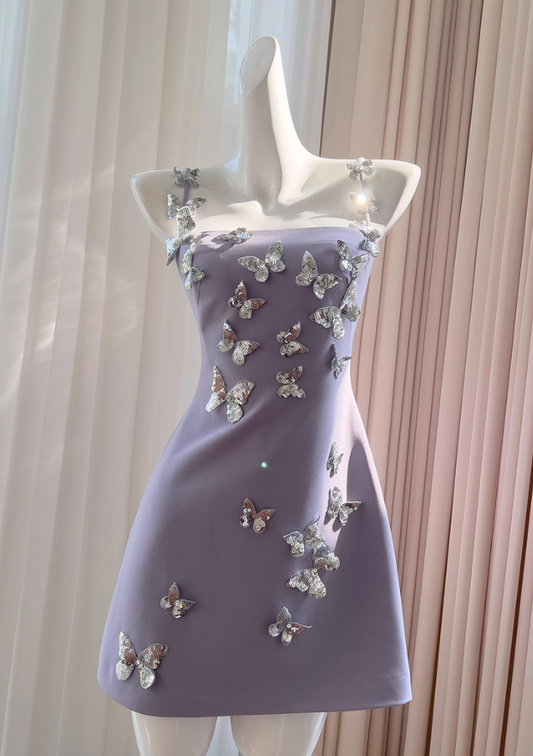 Purple A Line Spaghetti Strap Silver Sequin Butterfly Satin Homecoming Dress SH4501