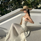Romantic A Line Strapless White Sequin Chiffon Long Party Dress Evening Dress SH2914