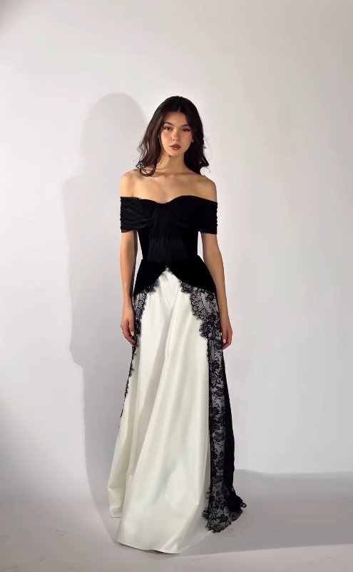 Classic Black-white A Line Straps Velvet Satin Lace Prom Dress Evening Dress SH6757