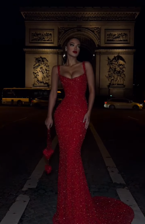 Sexy Mermaid Strap Red Beaded Sequin Prom Dress Wedding Guest Dress SH4746