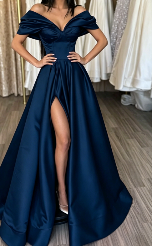 Hot Pink A Line Off the Shoulder Satin Prom Dress with Slit SH5464