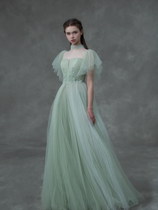 Green Ball Gown Appliques Flowy Tulle Party Dress Prom Dress Formal Gown SH4310