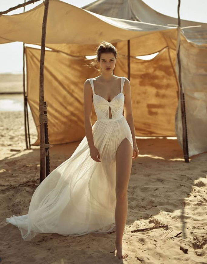 Elegant A Line Spaghetti Strap White Tulle Prom Dress Wedding Dress with Slit SH4660