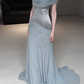 Unique Blue Mermaid Off the Shoulder Chiffon Satin Long Prom Dress Evening Dress SH7703