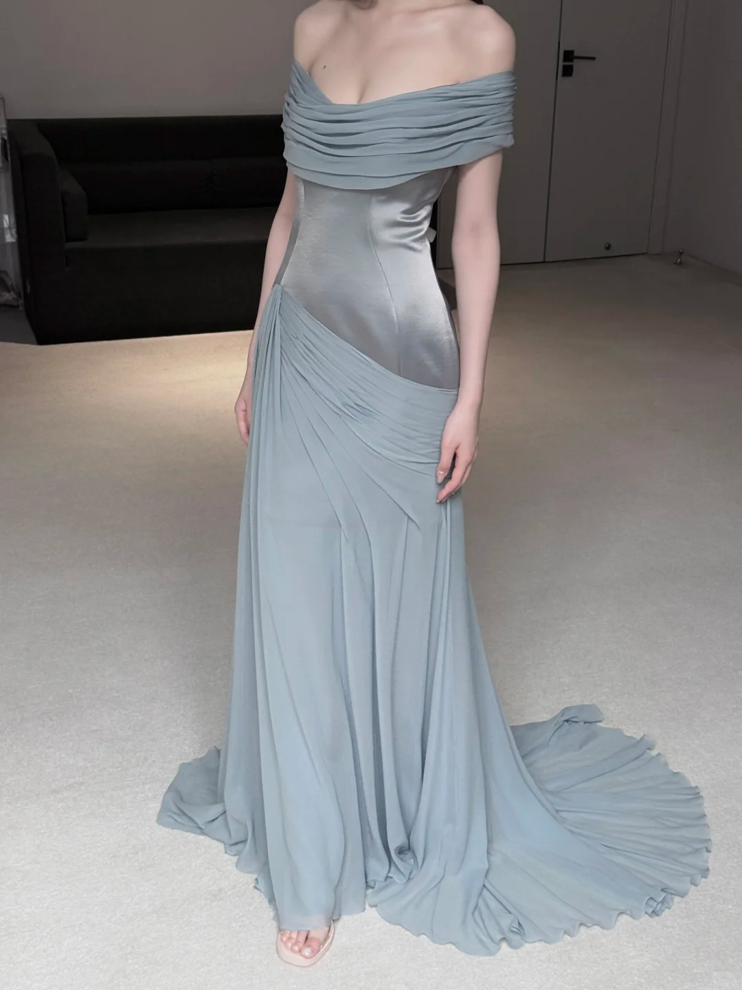 Unique Blue Mermaid Off the Shoulder Chiffon Satin Long Prom Dress Evening Dress SH7703