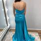 Elegant Blue A Line Straps Beaded Satin Slit Long Prom Dress Evening Dress SH6780