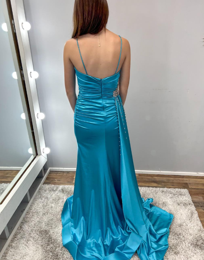 Elegant Blue A Line Straps Beaded Satin Slit Long Prom Dress Evening Dress SH6780