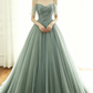 sage green tulle long ball gown with spaghetti straps, sage green sweet 16 dress prom gown P6154