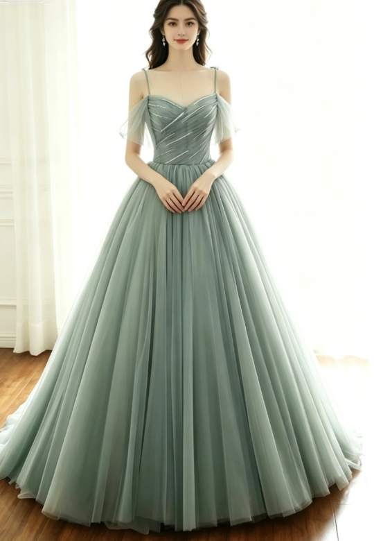 sage green tulle long ball gown with spaghetti straps, sage green swee   shinydress