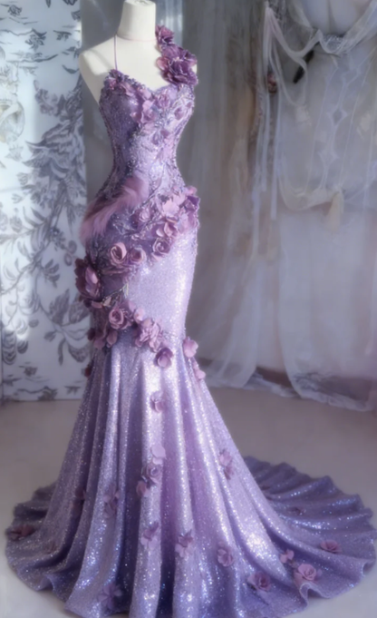 Gentle Purple Mermaid Halter Appliques Ruffle Sequin Long Prom Dress SH5427