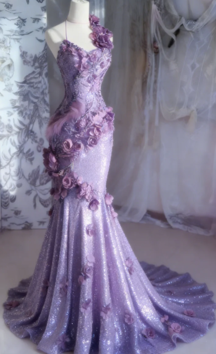 Gentle Purple Mermaid Halter Appliques Ruffle Sequin Long Prom Dress SH5427