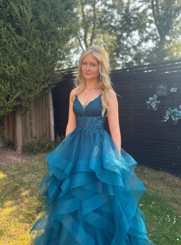 Dark Blue Backless A Line Spaghetti Strap Lace Ruffle Tulle Prom Dress Birthday Dress SH9009