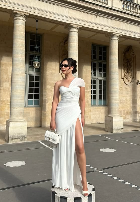 Flowy White Sheath One Shoulder Chiffon Slit Long Prom Dress Party Dress SH6425