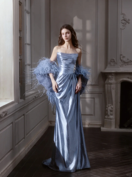 Blue Sheath Strapless Feather Rhinestone Satin Long Prom Dress 16th Birthday Dress SH4192