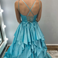 Beautiful A Line V Neck Blue Beaded Layered Satin Long Prom Dress Evening Dress SH6778