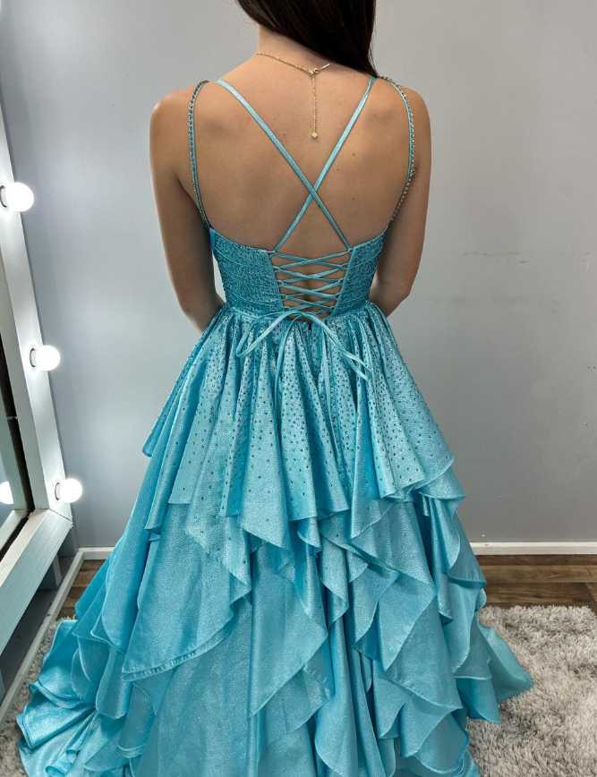 Beautiful A Line V Neck Blue Beaded Layered Satin Long Prom Dress Evening Dress SH6778