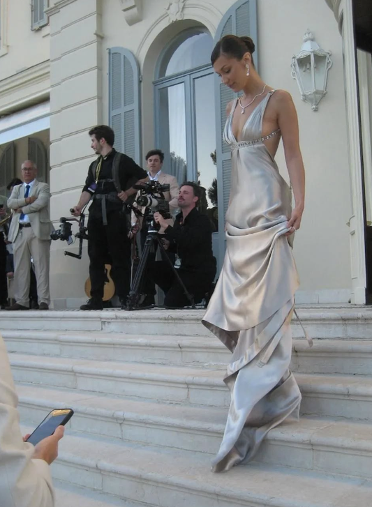 Elegant A Line V Neck Beaded Grey Satin Long Backless Prom Dress Wedding Guest Dress SH5360