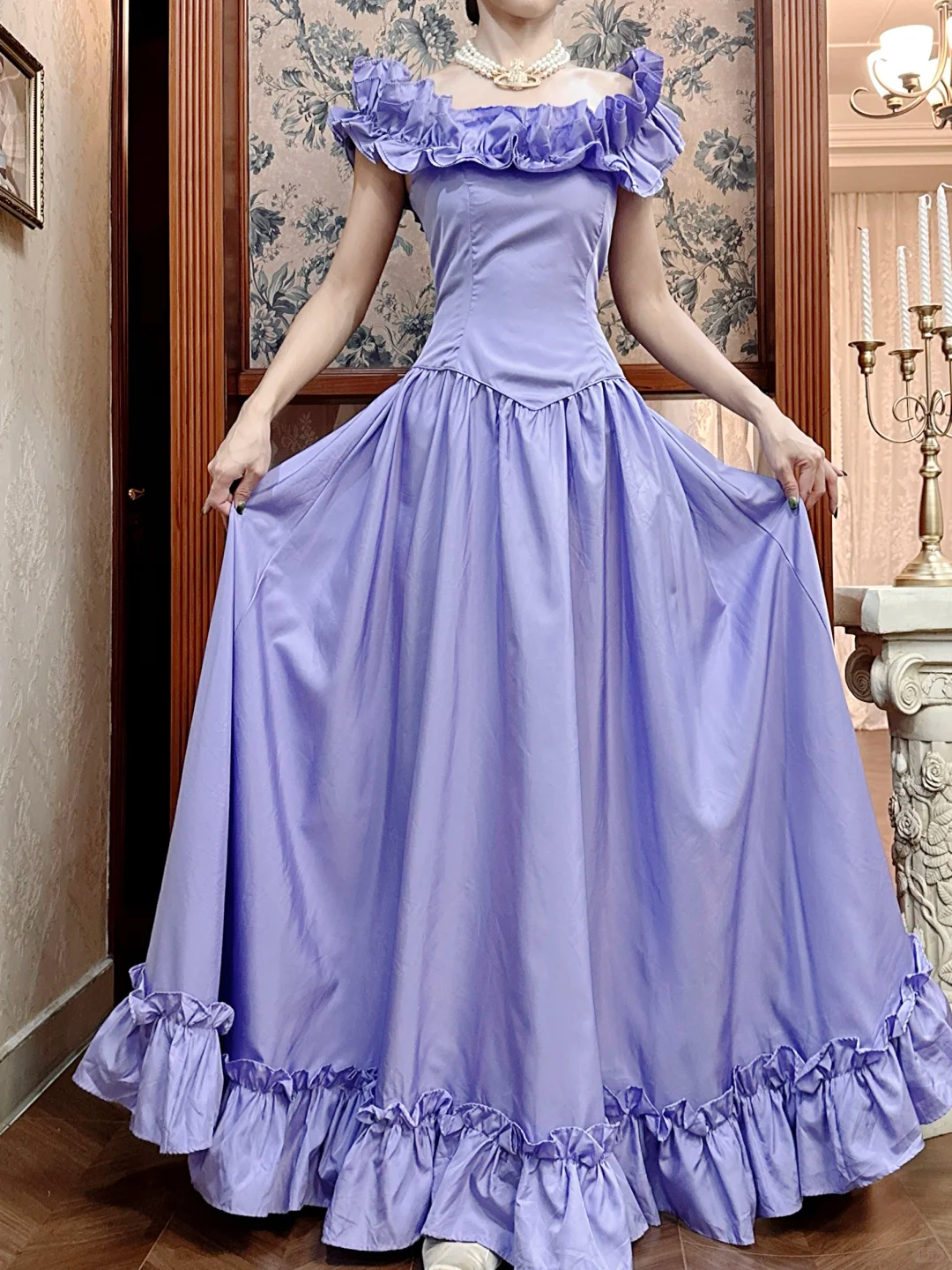 Vintage Purple A Line Off the Shoulder Ruffle Satin Long Prom Dress SH5174