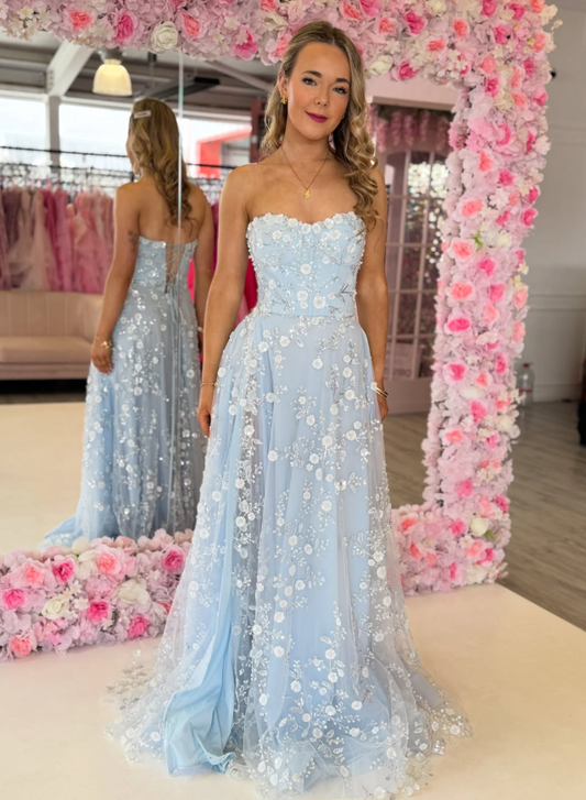Baby Blue A Line Sweetheart Neck 3D Floral Tulle Prom Dress Evening Dress SH6645