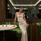 Two Piece Sexy Mermaid Straps Print Floral White Satin Prom Dress Outfits SH5314