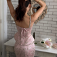 Two Piece Pink Sheath Strap Embroidery Satin Tulle Prom Dress Evening Dress SH8556