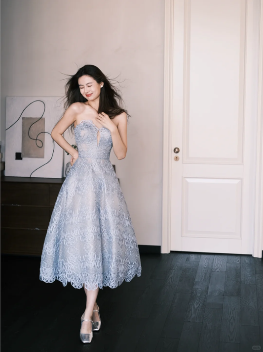 Blue A Line Sweetheart Neck Lace Prom Dress Party Dresses SH4584